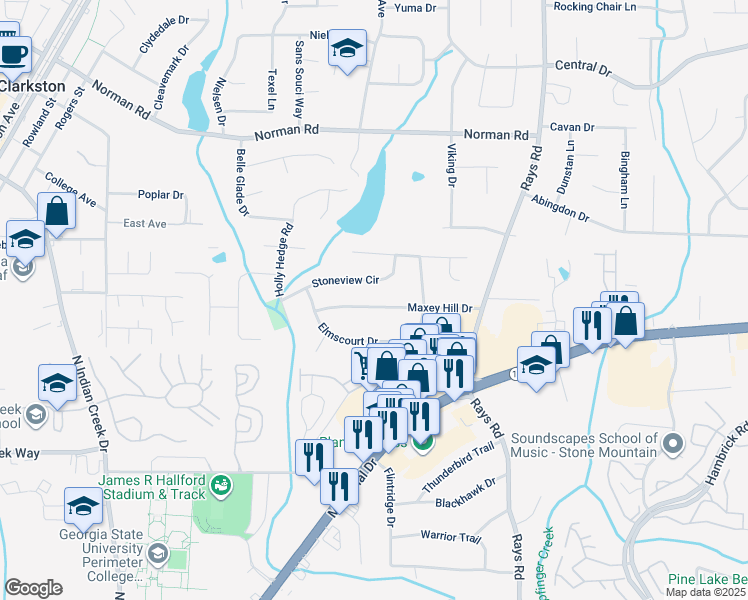 map of restaurants, bars, coffee shops, grocery stores, and more near 4021 Stoneview Circle in Stone Mountain
