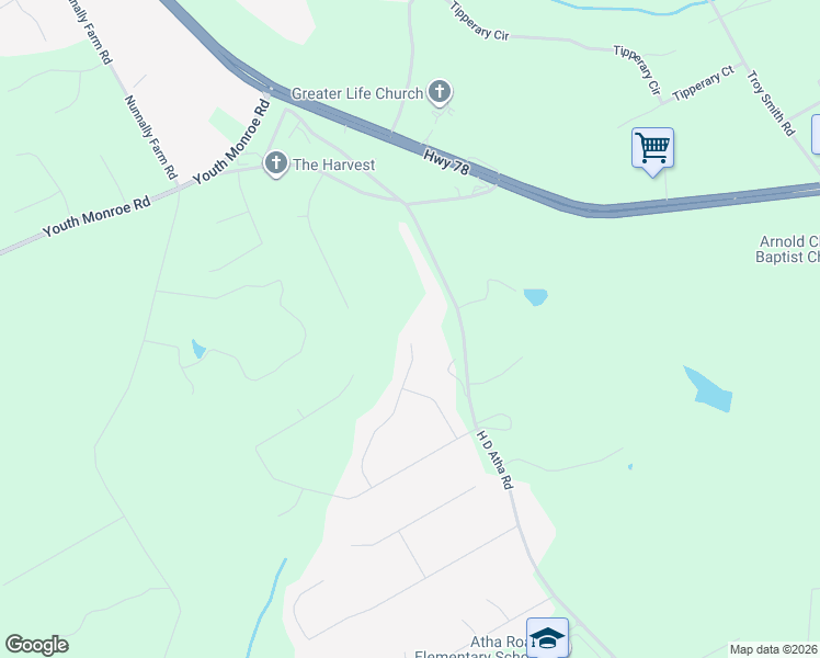 map of restaurants, bars, coffee shops, grocery stores, and more near 421 H D Atha Road in Monroe