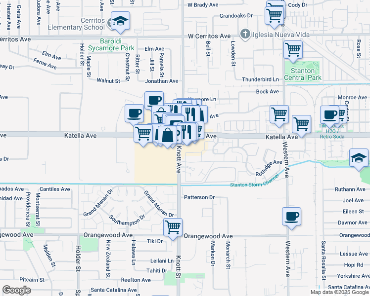 map of restaurants, bars, coffee shops, grocery stores, and more near 7006 Katella Avenue in Stanton