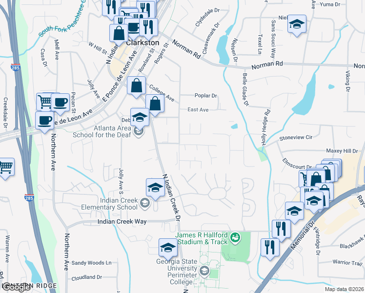 map of restaurants, bars, coffee shops, grocery stores, and more near 820 Waterbury Court in Clarkston