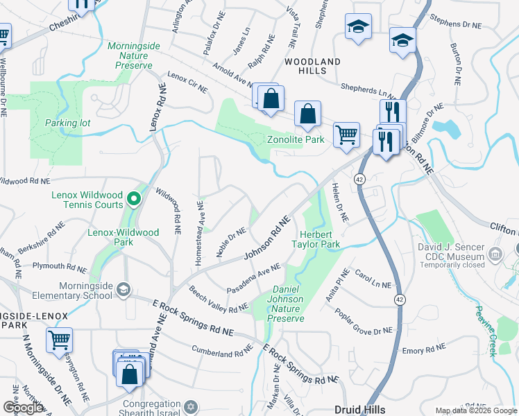 map of restaurants, bars, coffee shops, grocery stores, and more near 1722 Noble Drive Northeast in Atlanta