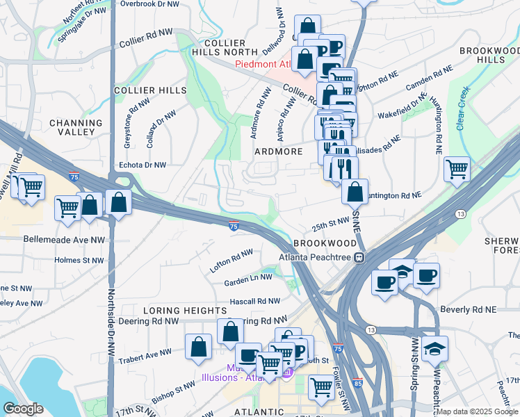 map of restaurants, bars, coffee shops, grocery stores, and more near 130 26th Street Northwest in Atlanta