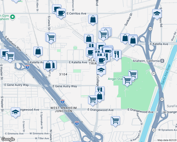 map of restaurants, bars, coffee shops, grocery stores, and more near 1720 Park Street in Anaheim