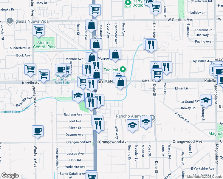 map of restaurants, bars, coffee shops, grocery stores, and more near 8122 Katella Ave in Stanton