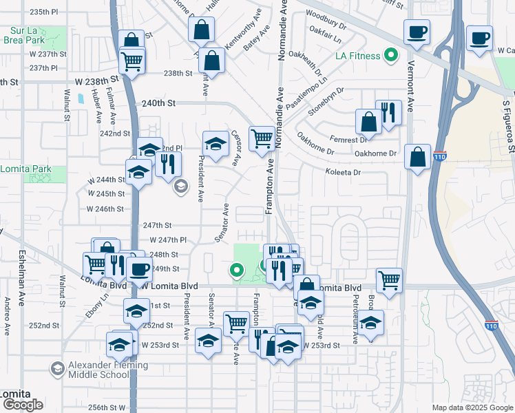 map of restaurants, bars, coffee shops, grocery stores, and more near 1358 West 244th Street in Los Angeles