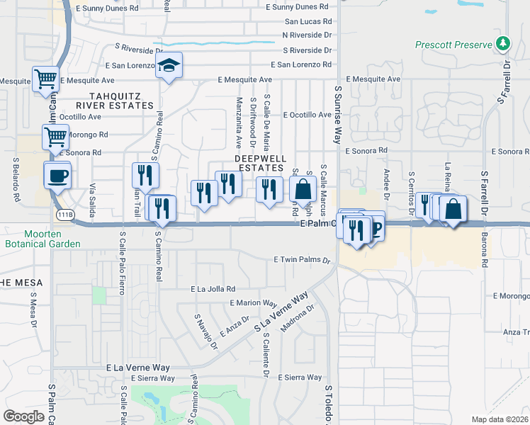 map of restaurants, bars, coffee shops, grocery stores, and more near 1150 East Palm Canyon Drive in Palm Springs