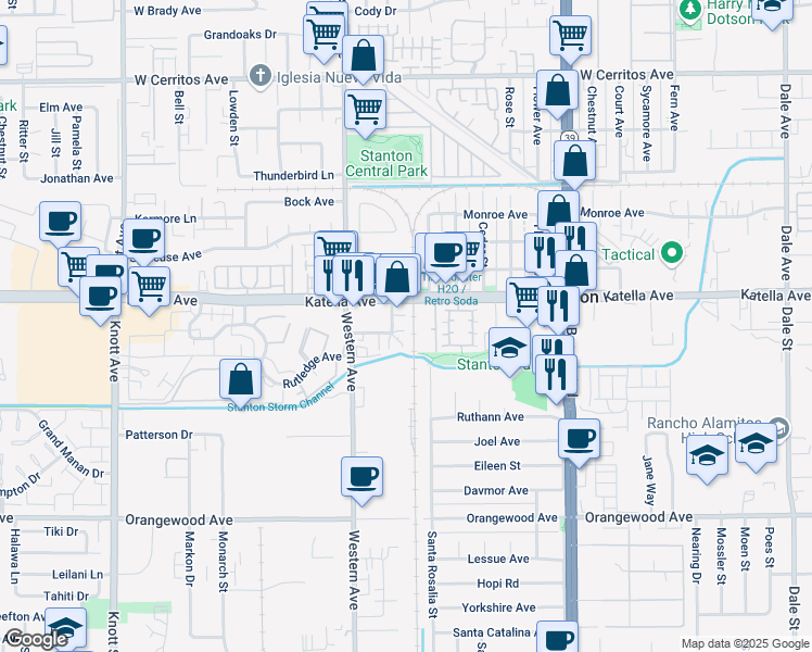 map of restaurants, bars, coffee shops, grocery stores, and more near 7622 Katella Avenue in Stanton