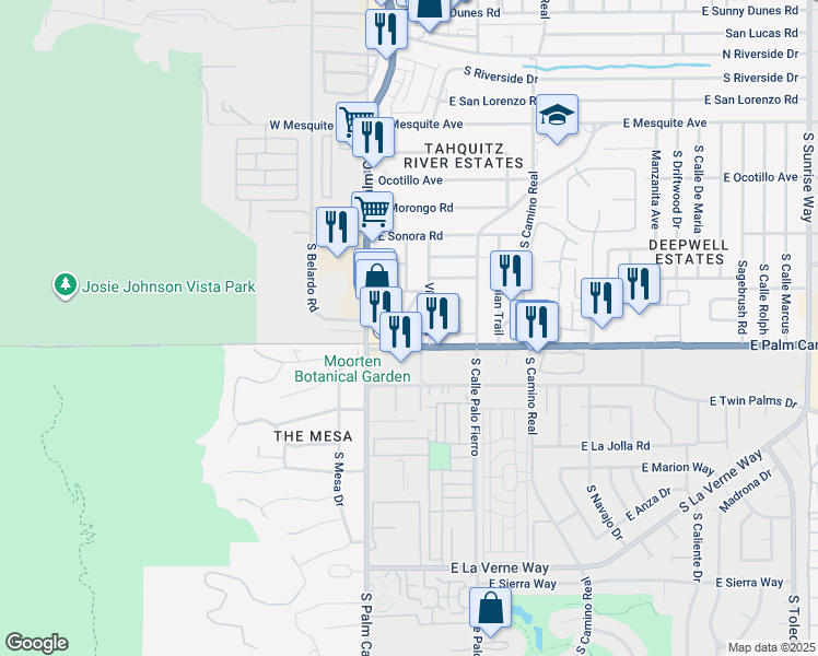 map of restaurants, bars, coffee shops, grocery stores, and more near 350 East Palm Canyon Drive in Palm Springs