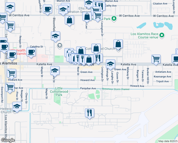 map of restaurants, bars, coffee shops, grocery stores, and more near 4343 Green Avenue in Los Alamitos