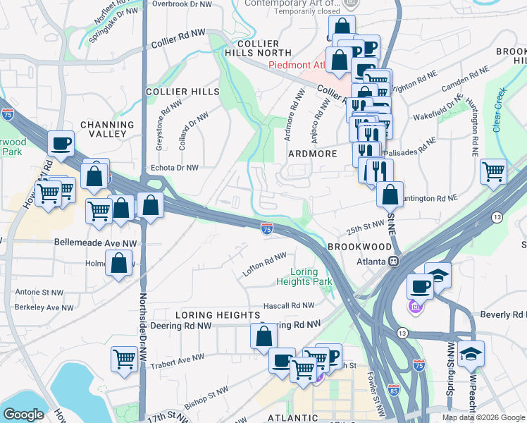 map of restaurants, bars, coffee shops, grocery stores, and more near 220 Semel Circle Northwest in Atlanta