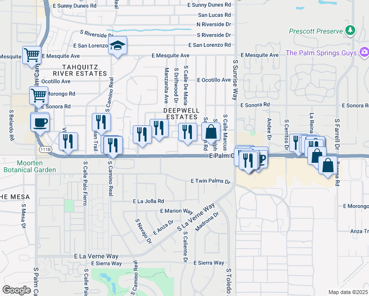 map of restaurants, bars, coffee shops, grocery stores, and more near 1150 East Palm Canyon Drive in Palm Springs