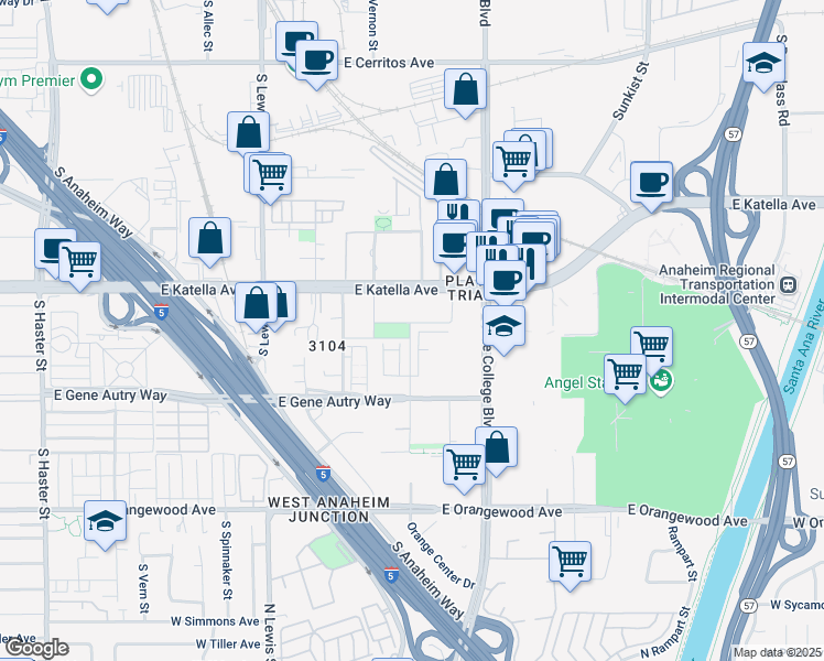 map of restaurants, bars, coffee shops, grocery stores, and more near 1532 East Katella Avenue in Anaheim