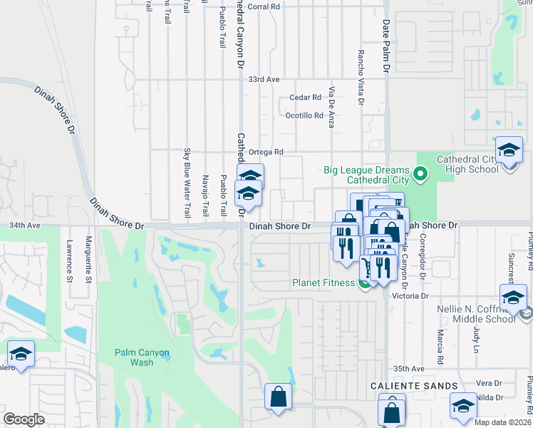 map of restaurants, bars, coffee shops, grocery stores, and more near 33960 Wishing Well Trail in Cathedral City