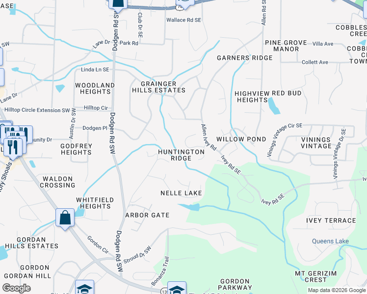 map of restaurants, bars, coffee shops, grocery stores, and more near 116 Milam Creek Road in Mableton