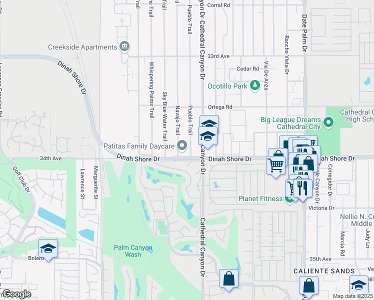 map of restaurants, bars, coffee shops, grocery stores, and more near 33927 Pueblo Trail in Cathedral City