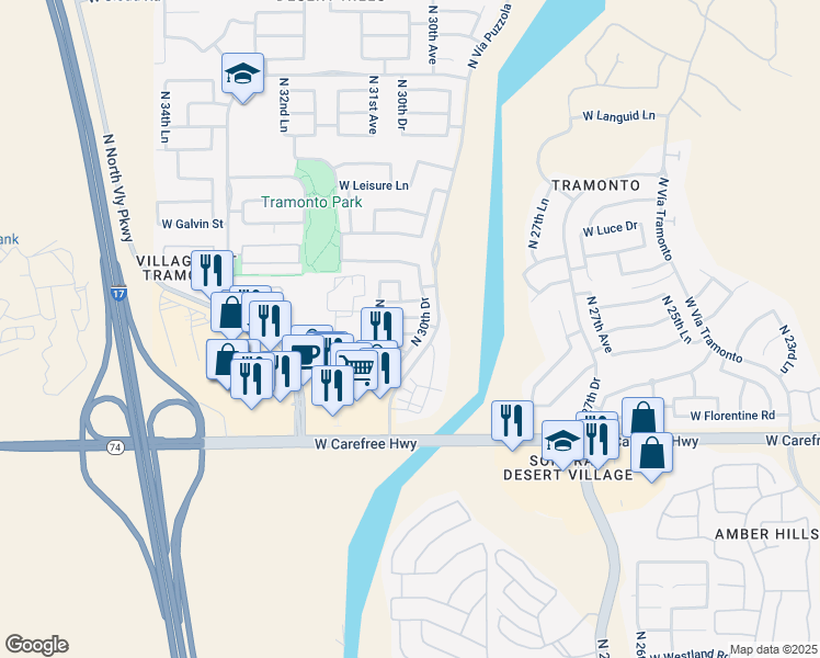 map of restaurants, bars, coffee shops, grocery stores, and more near 3012 West Cavalry Drive in Phoenix
