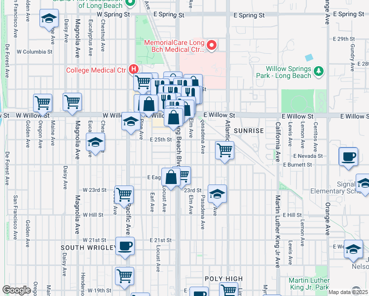 map of restaurants, bars, coffee shops, grocery stores, and more near 2450 Long Beach Boulevard in Long Beach