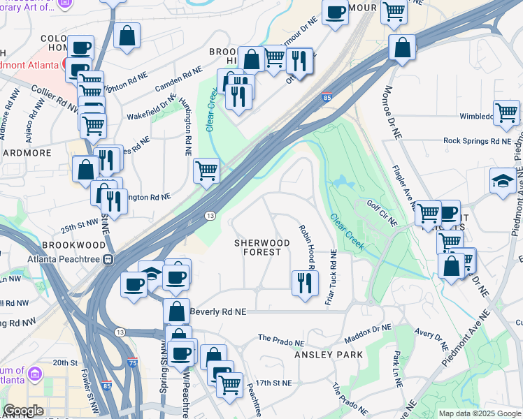 map of restaurants, bars, coffee shops, grocery stores, and more near 1740 Doncaster Drive Northeast in Atlanta