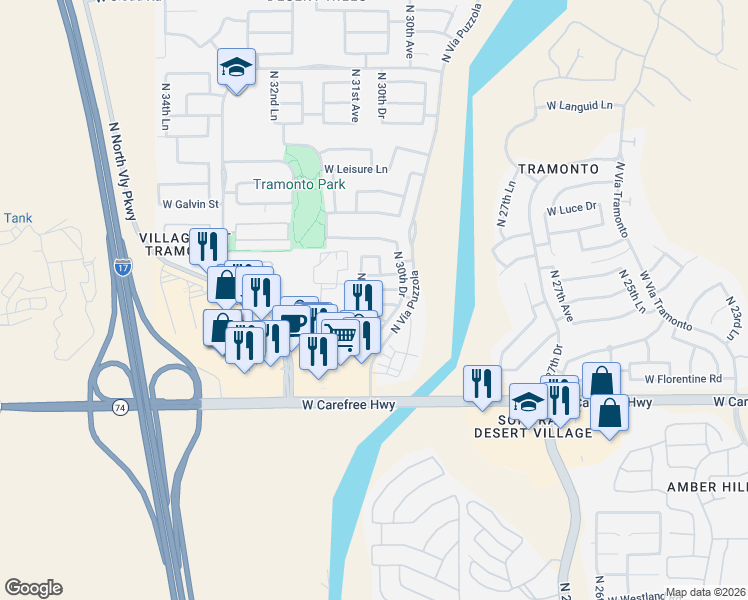 map of restaurants, bars, coffee shops, grocery stores, and more near 3014 West Ferruccio Place in Phoenix
