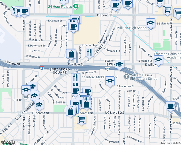map of restaurants, bars, coffee shops, grocery stores, and more near 3826 Marwick Avenue in Long Beach
