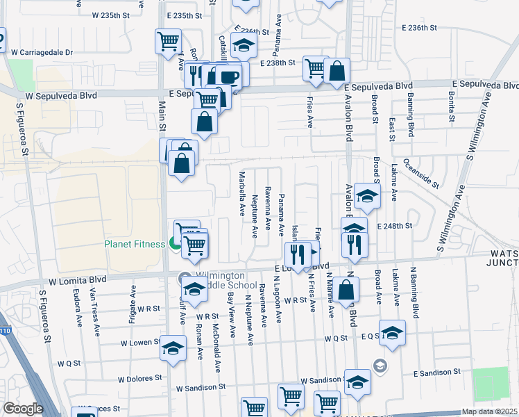 map of restaurants, bars, coffee shops, grocery stores, and more near 24528 Ravenna Avenue in Carson