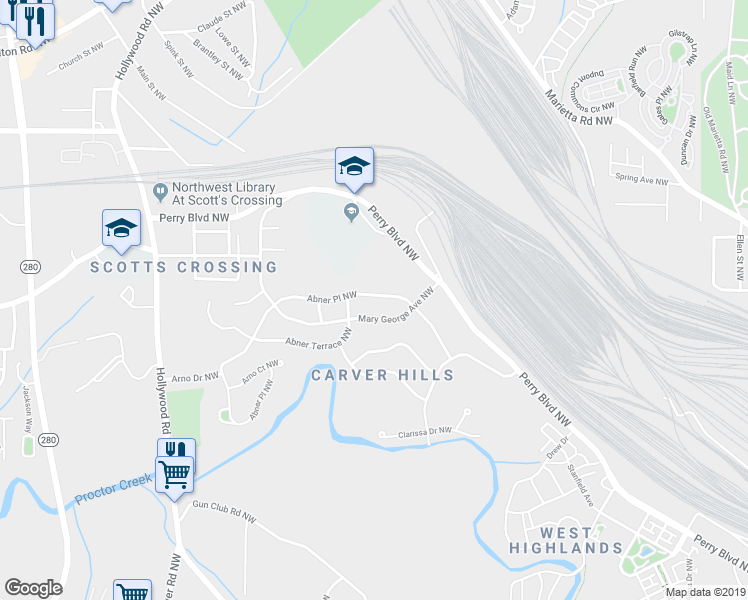 map of restaurants, bars, coffee shops, grocery stores, and more near 2238 Abner Place Northwest in Atlanta