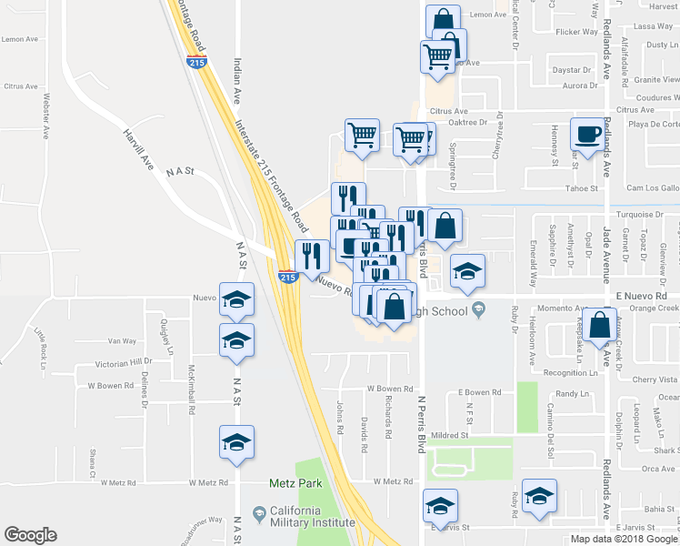 map of restaurants, bars, coffee shops, grocery stores, and more near 117 West Nuevo Road in Perris