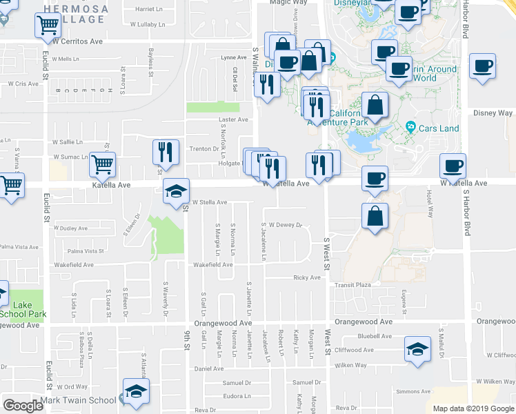 map of restaurants, bars, coffee shops, grocery stores, and more near 1201 West Stella Avenue in Anaheim
