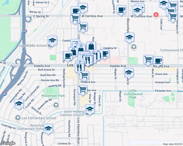 map of restaurants, bars, coffee shops, grocery stores, and more near 11041 Reagan Street in Los Alamitos
