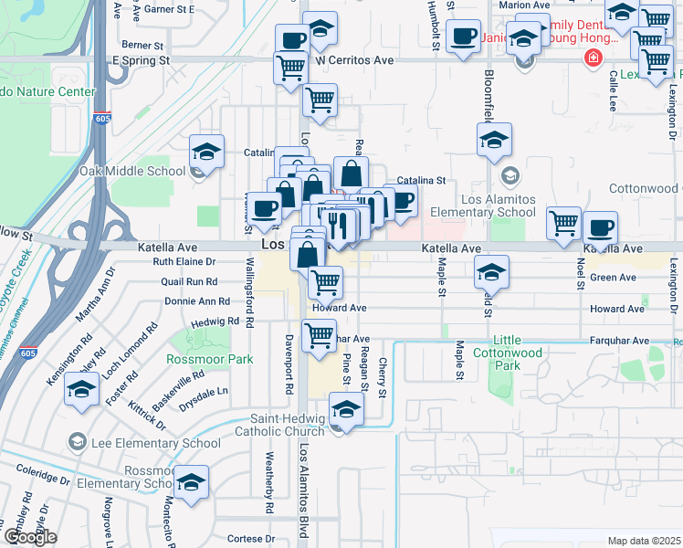 map of restaurants, bars, coffee shops, grocery stores, and more near 11041 Reagan Street in Los Alamitos