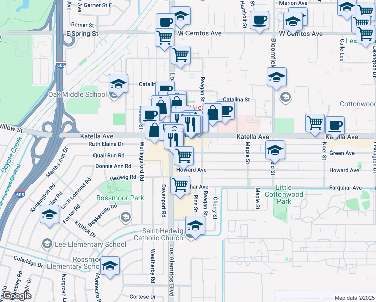 map of restaurants, bars, coffee shops, grocery stores, and more near 3532 Katella Avenue in Los Alamitos