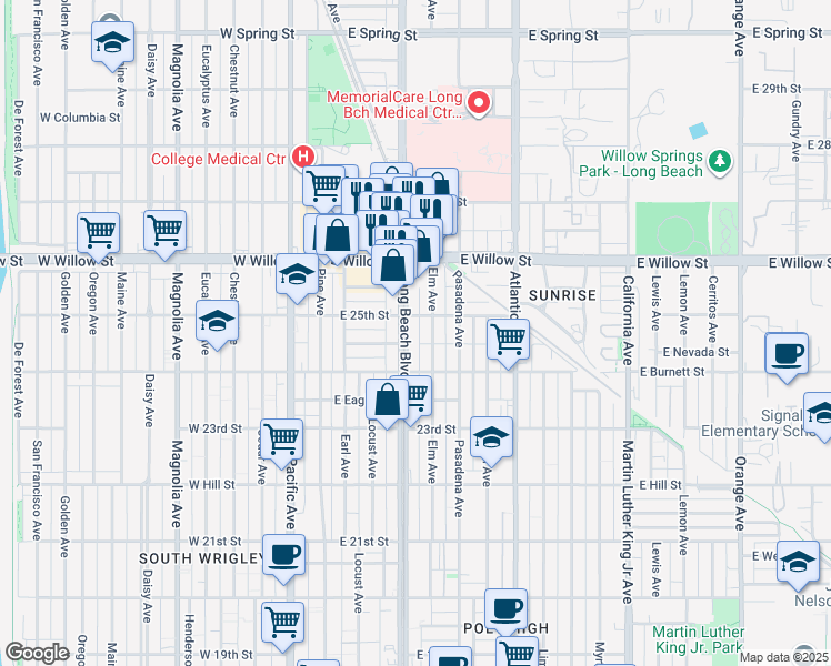 map of restaurants, bars, coffee shops, grocery stores, and more near 2491 Long Beach Boulevard in Long Beach