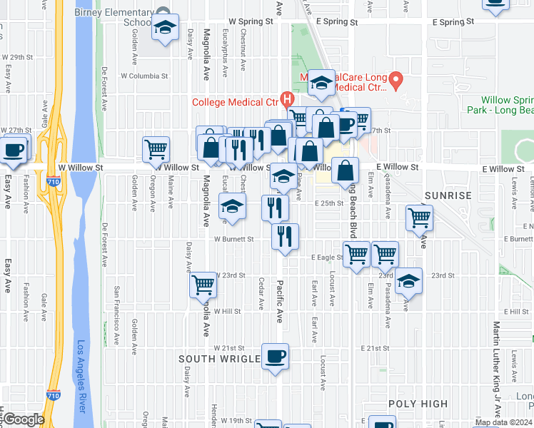 map of restaurants, bars, coffee shops, grocery stores, and more near in Long Beach