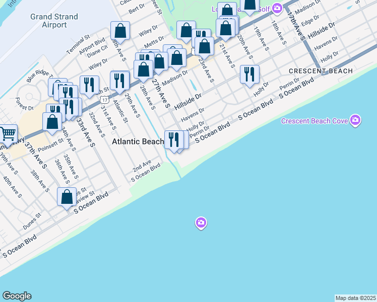 map of restaurants, bars, coffee shops, grocery stores, and more near 2700 South Ocean Boulevard in North Myrtle Beach