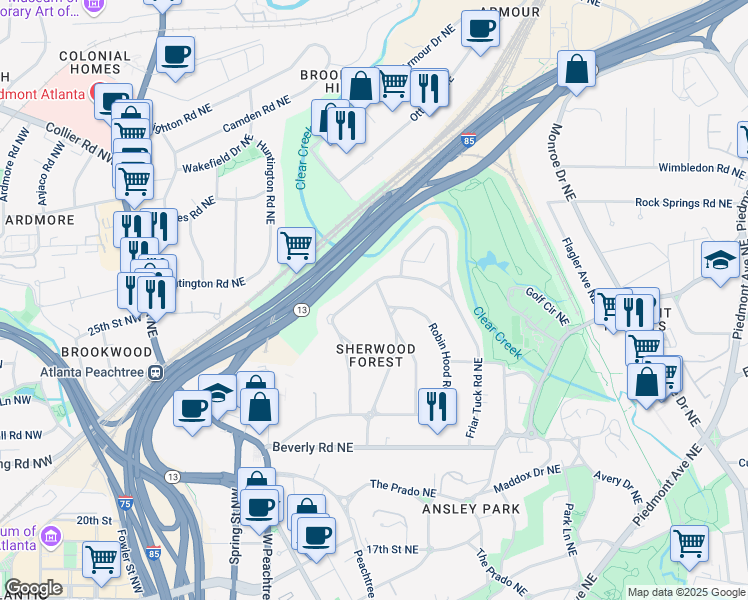 map of restaurants, bars, coffee shops, grocery stores, and more near 1740 Doncaster Drive Northeast in Atlanta