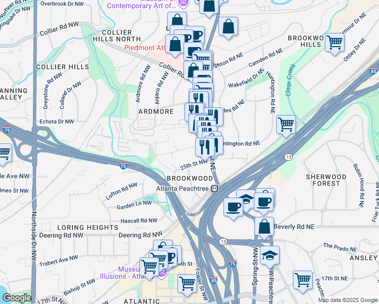 map of restaurants, bars, coffee shops, grocery stores, and more near 25 26th Street Northwest in Atlanta