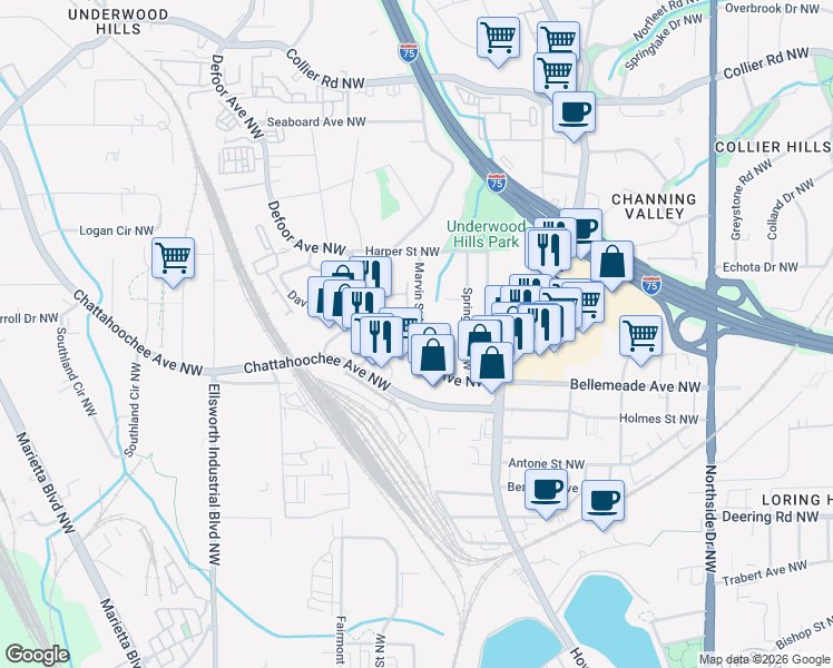 map of restaurants, bars, coffee shops, grocery stores, and more near 1735 Marvin Street Northwest in Atlanta