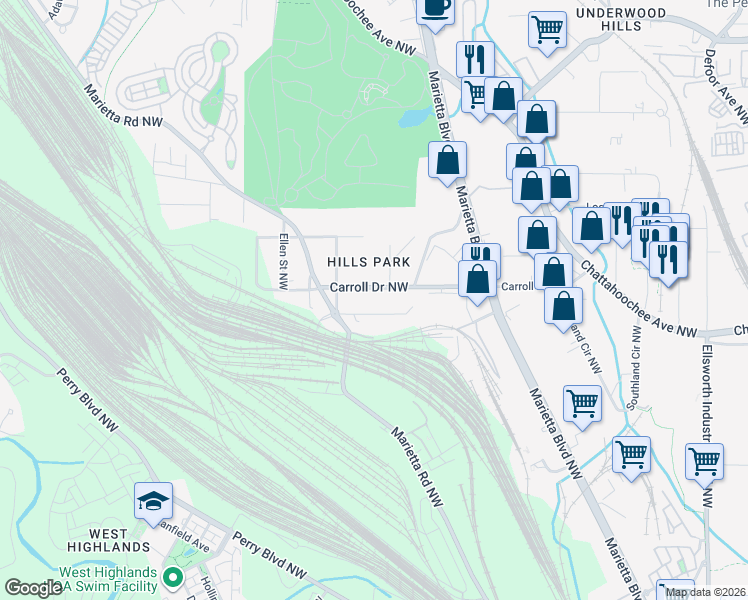 map of restaurants, bars, coffee shops, grocery stores, and more near 1625 Carroll Drive Northwest in Atlanta