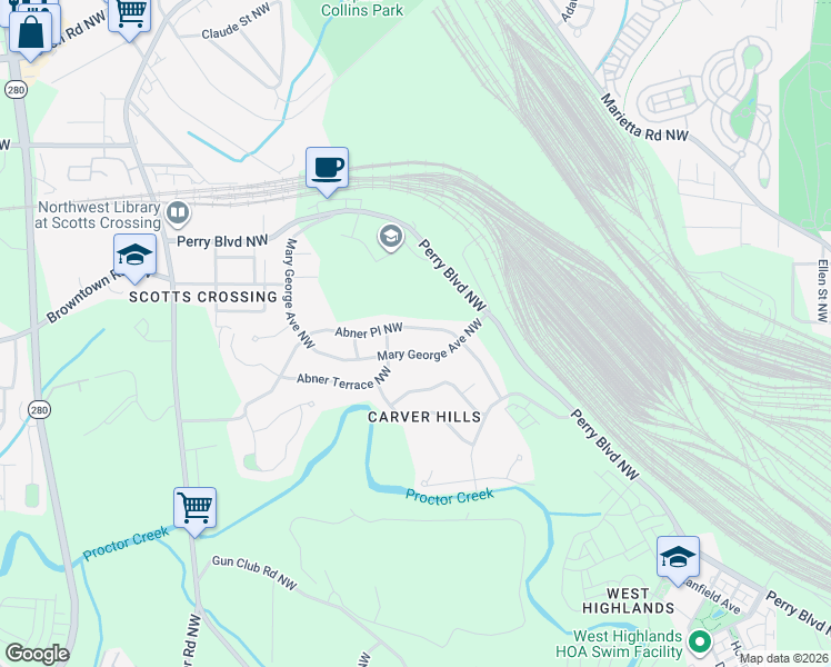 map of restaurants, bars, coffee shops, grocery stores, and more near 2238 Abner Place Northwest in Atlanta
