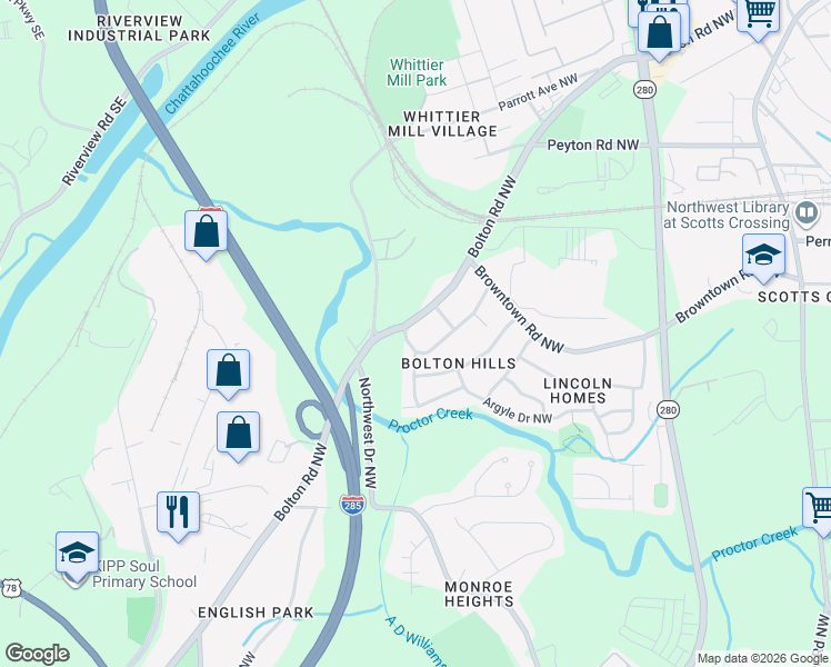 map of restaurants, bars, coffee shops, grocery stores, and more near 1755 Bolton Road Northwest in Atlanta