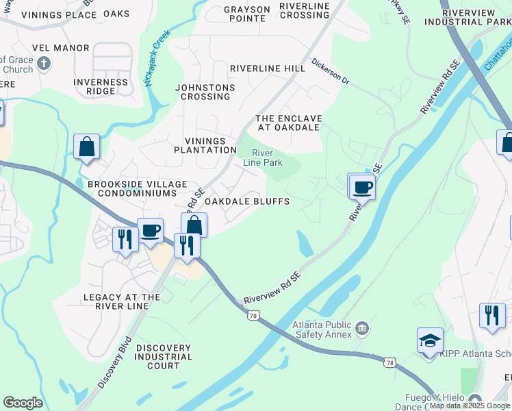 map of restaurants, bars, coffee shops, grocery stores, and more near 6153 Indian Wood Circle in Mableton