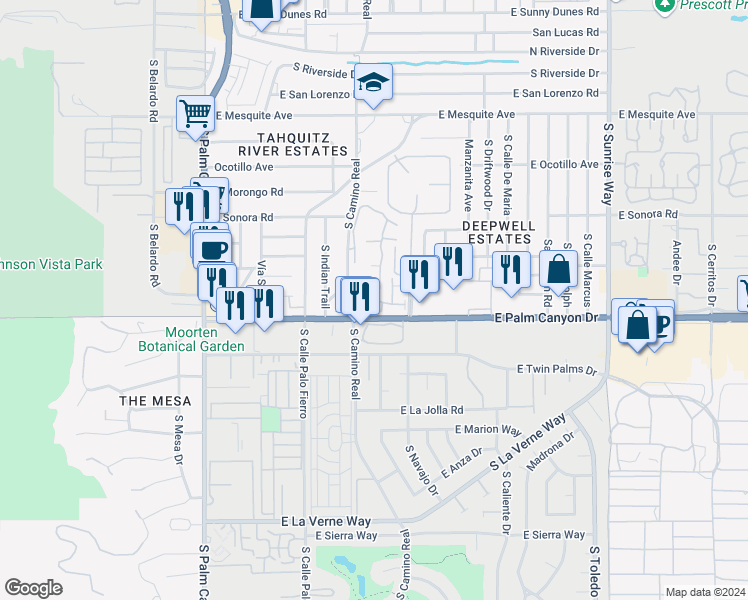 map of restaurants, bars, coffee shops, grocery stores, and more near 870 East Palm Canyon Drive in Palm Springs