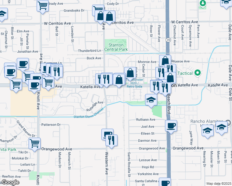 map of restaurants, bars, coffee shops, grocery stores, and more near 7550 Katella Avenue in Stanton