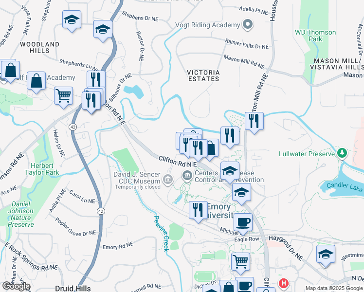 map of restaurants, bars, coffee shops, grocery stores, and more near 1823 Emory Point Drive in Atlanta