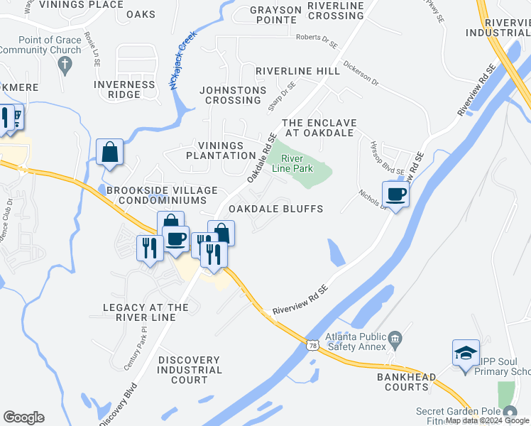 map of restaurants, bars, coffee shops, grocery stores, and more near 6088 Indian Wood Circle in Mableton