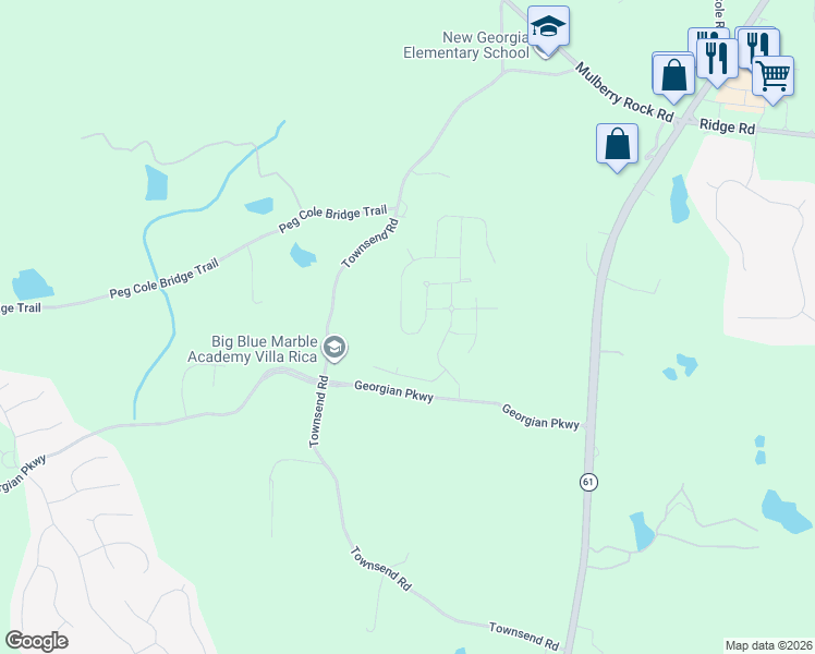 map of restaurants, bars, coffee shops, grocery stores, and more near 122 Cottontail Lane in Villa Rica