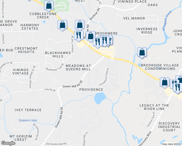 map of restaurants, bars, coffee shops, grocery stores, and more near 6406 Crown Forest Lane in Mableton