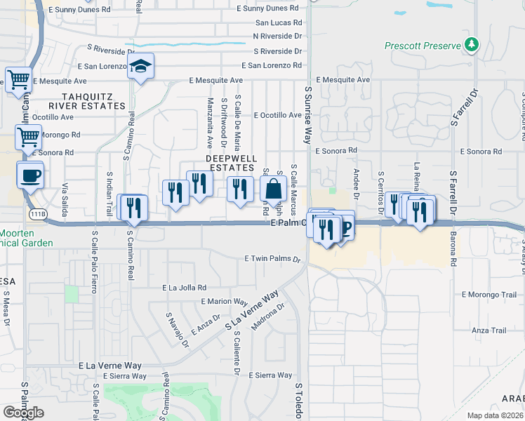 map of restaurants, bars, coffee shops, grocery stores, and more near 1400 East Palm Canyon Drive in Palm Springs