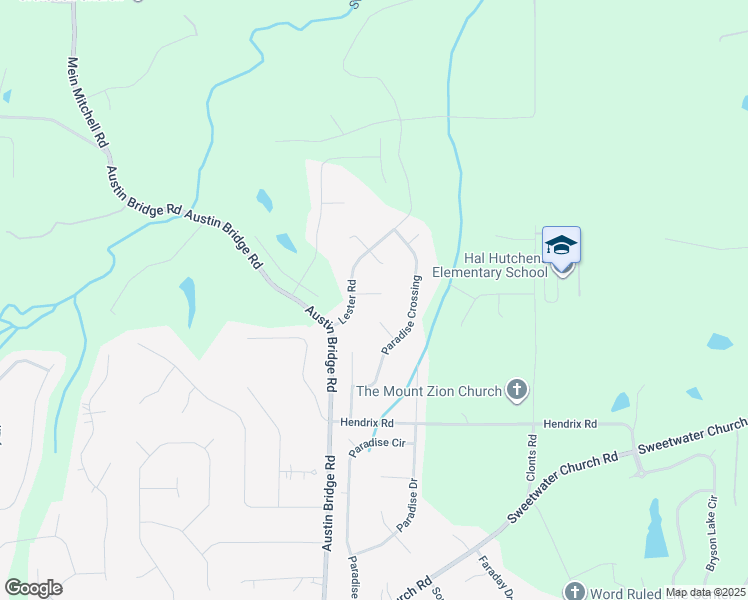 map of restaurants, bars, coffee shops, grocery stores, and more near 53 Austin Bridge Lane in Douglasville