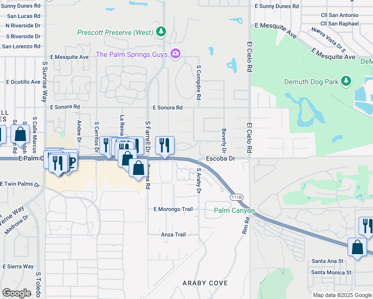 map of restaurants, bars, coffee shops, grocery stores, and more near 2801 East Avery Drive in Palm Springs